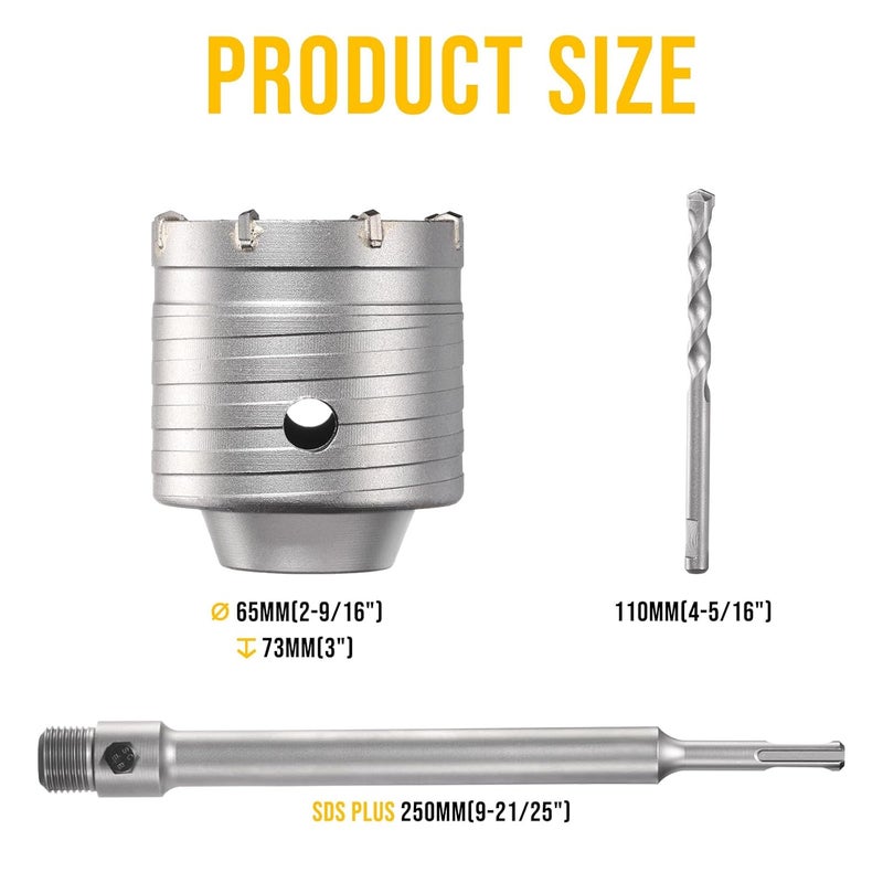 TGFTGF 65mm Concrete Hole Saw Kit, Tungsten Carbide Masonry Hole Saw Kit with 250mm SDS Plus Bit Shank Drill Bit Sets for Concrete, Brick, Stone, Cement, Tile, Wall Drilling - Image 2